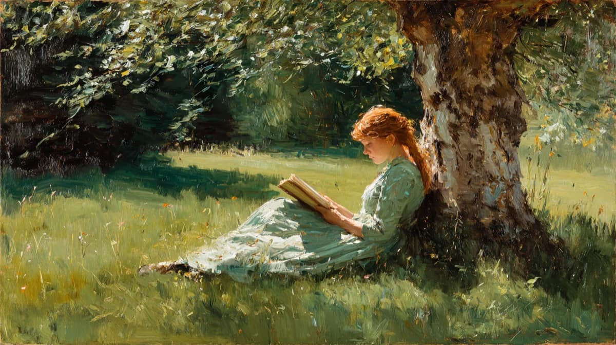 A reader sitting beneath a tree filled with books