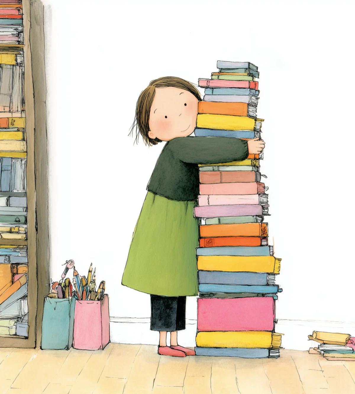 Illustration of a girl hugging a tall stack of colorful books